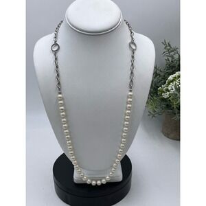 Mary Kay Vintage White Faux Pearl Silver Tone Toggle Hand Knotted Necklace‎
